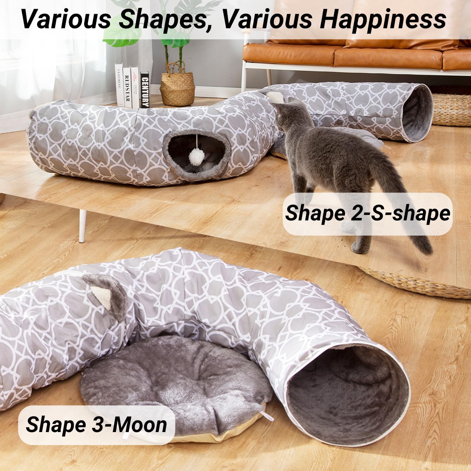 LUCKITTY Geometric Cat Tunnel Bed Oxford Outside with Plush Inside,Cats Toys Collapsible Tunnel Tube with Balls, for Rabbits, Kittens, Ferrets,Puppy 3FT