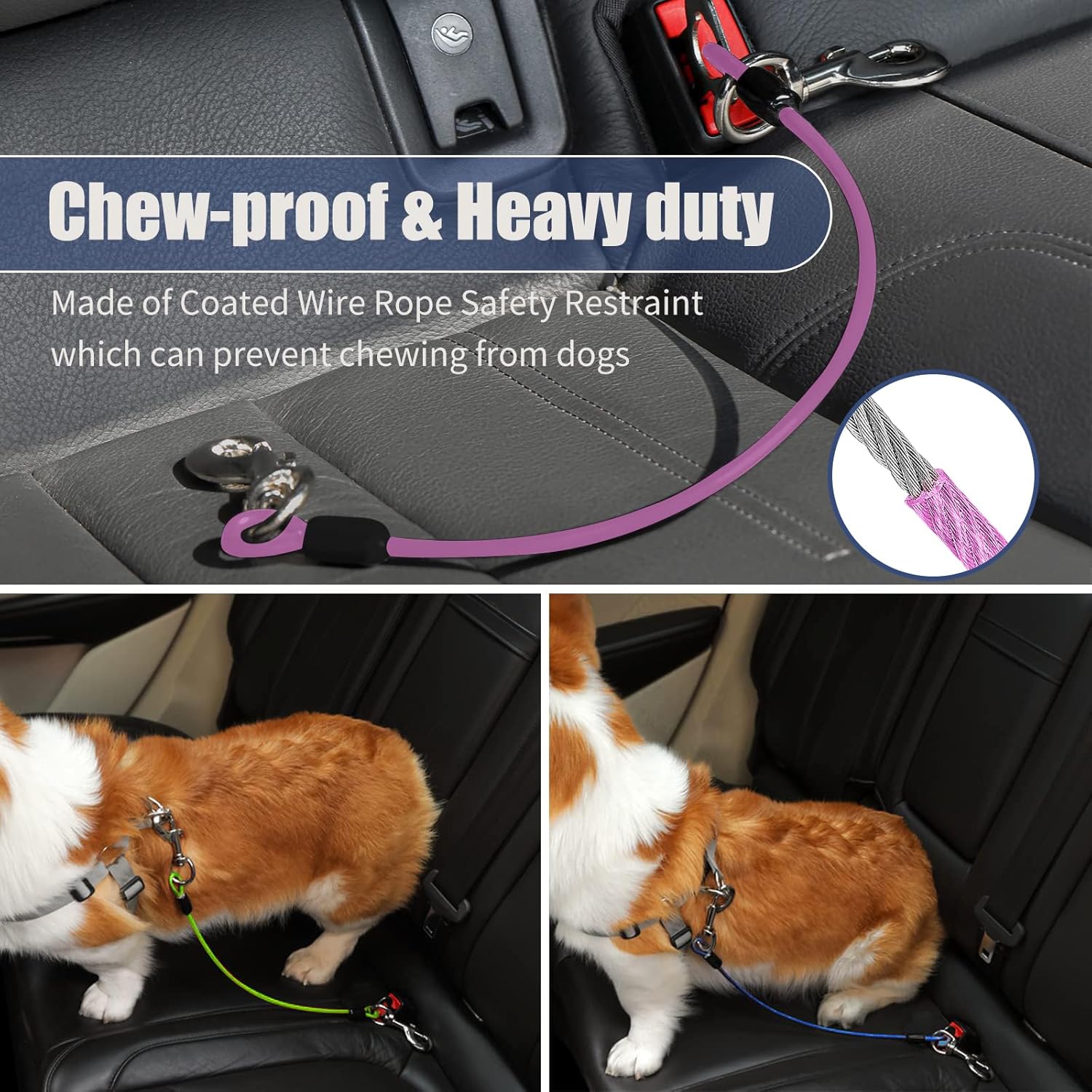 Dog Seat Belt Harness for Car,Dog Seatbelt of Coated Wire Leash Safety Restraint,No Chew Tether Cable Vehicle,Double Clips & Latch(Purple, 16 inch/40 CM)