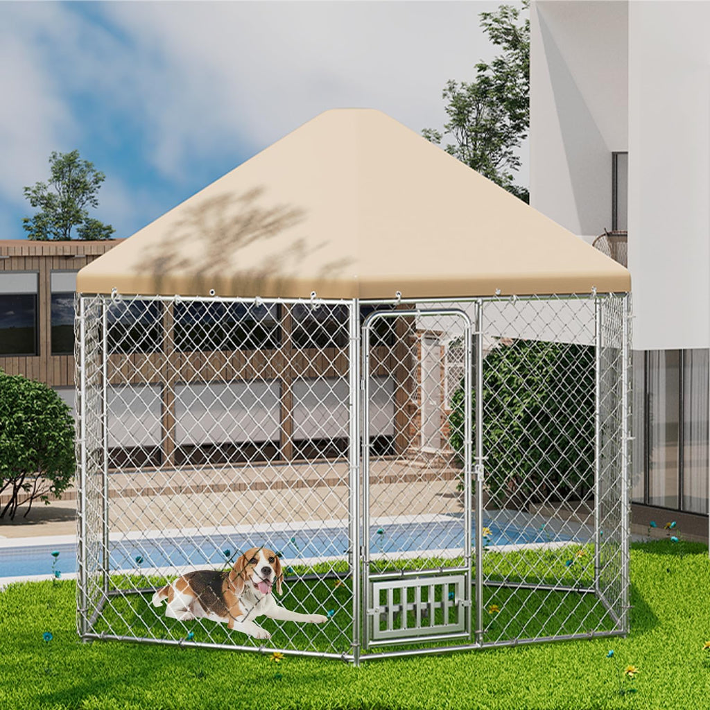 Outdoor Dog Kennel with Cover, Large Dog Run Fence House Big Cage Pen Enclosure, Heavy Duty Dogs Play Cage Pen Kennel (110" L x 95" W x 92.8" H)