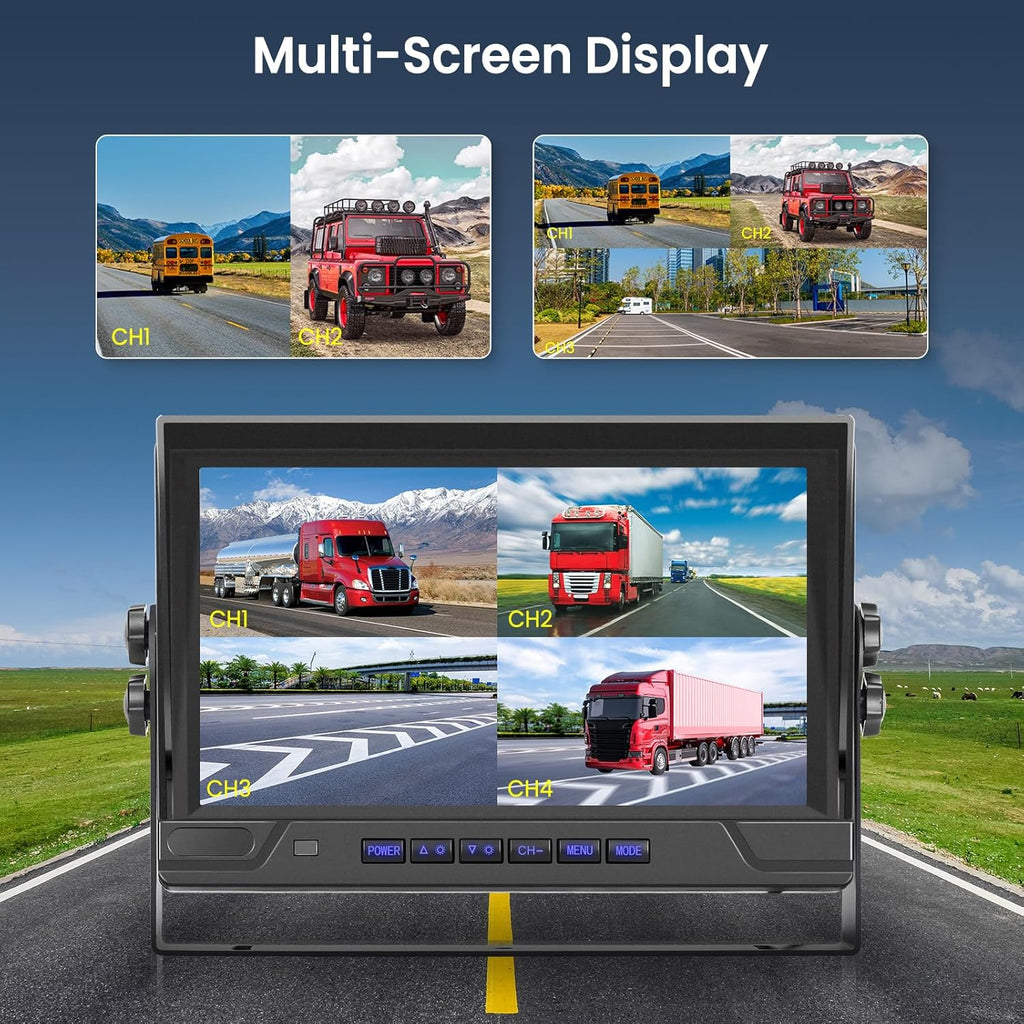 RV Backup Camera System 1080P, Hodozzy 9 Inch 4 Split Screen Monitor System, Waterproof 4 Reverse Cameras Night Vision Reversing Camera Kit for Car Truck/Trailer/Bus Truck/RV, DVR Loop Recording