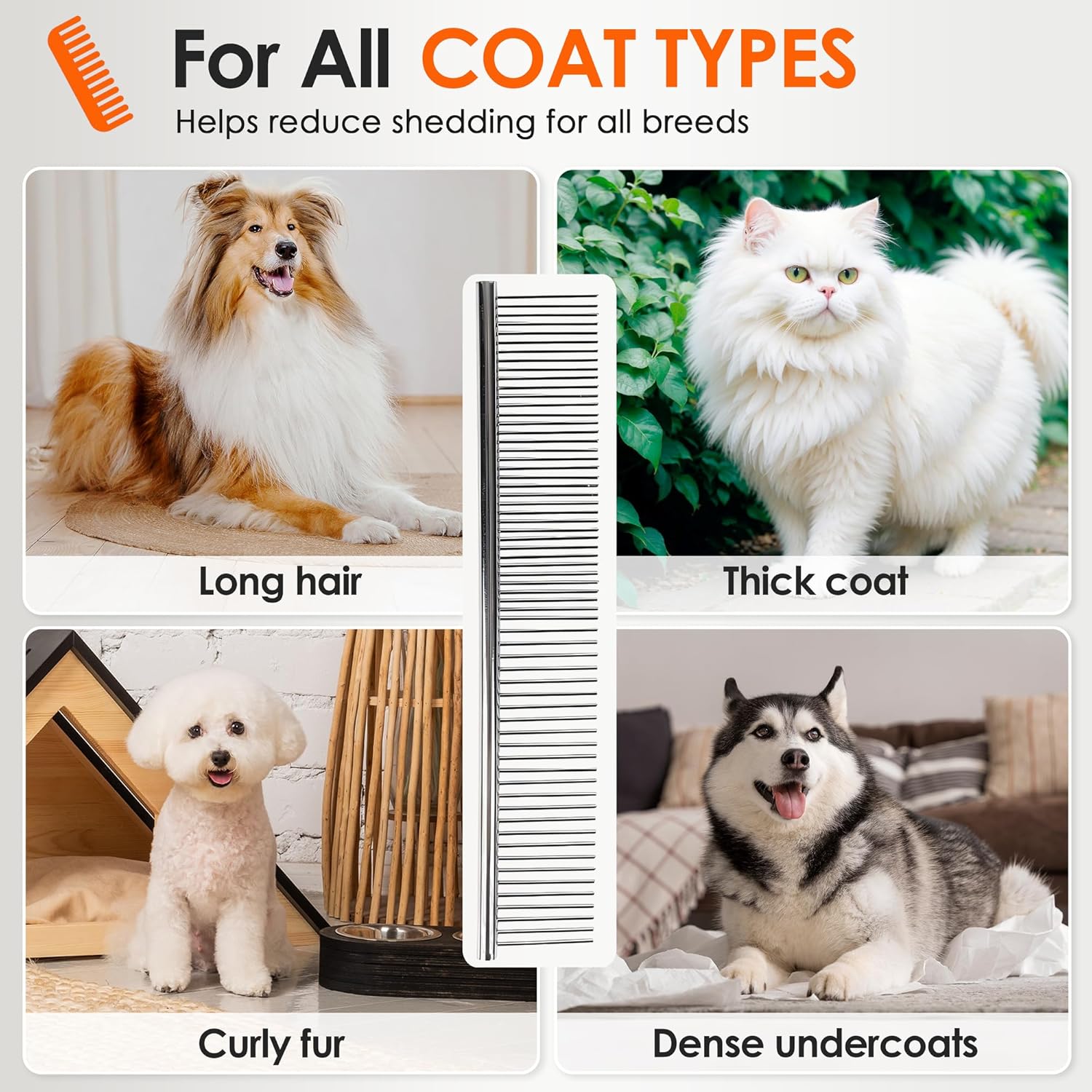 Dog Comb to Remove Tangles and Knots, Cat Comb with Stainless Steel Teeth and Non-Slip Handle, Dog combs for grooming matting for Long Haired Pets (Large)
