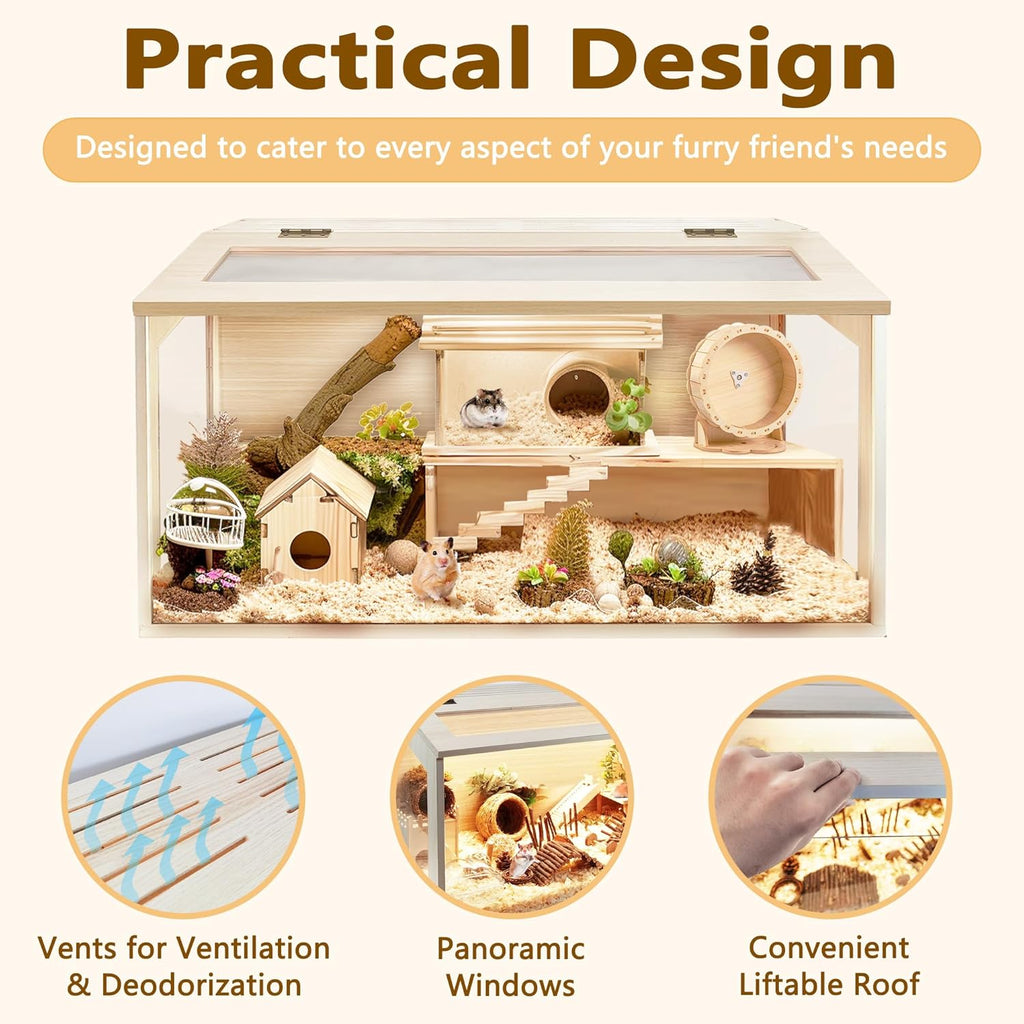 Prolee Hamster Cage Chewproof Wood, Mice and Rat Habitat Openable Top with Acrylic Sheets Solid Built, Small Animal Cage, 40 Inch Length