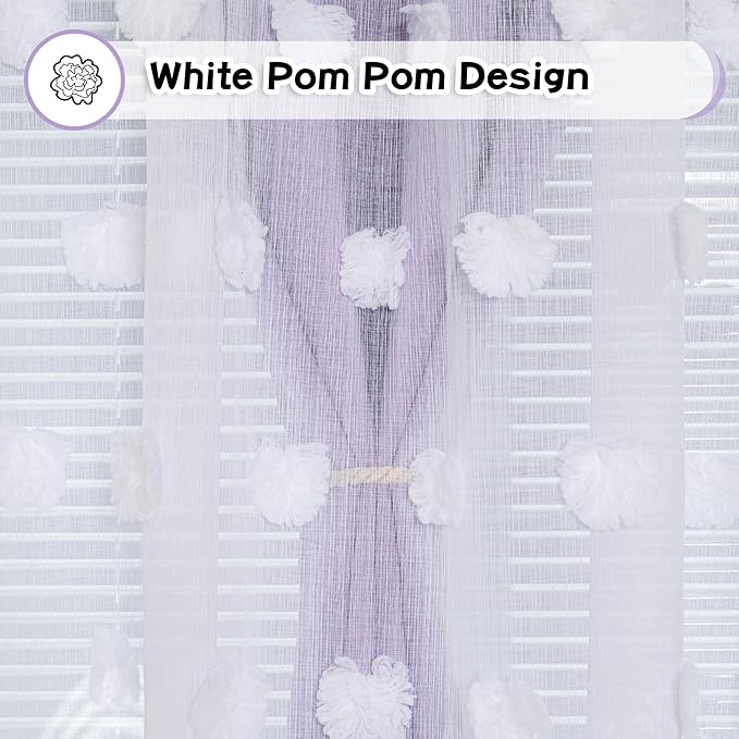 MYSKY HOME Lilac Curtains for Living Room 84 Inches Long Pom Pom White Sheer Curtains for Girls Room Nursery Curtains Double Layer for Toddler Bedroom Grommet Room Darkening Window Panels 52 x 84 in