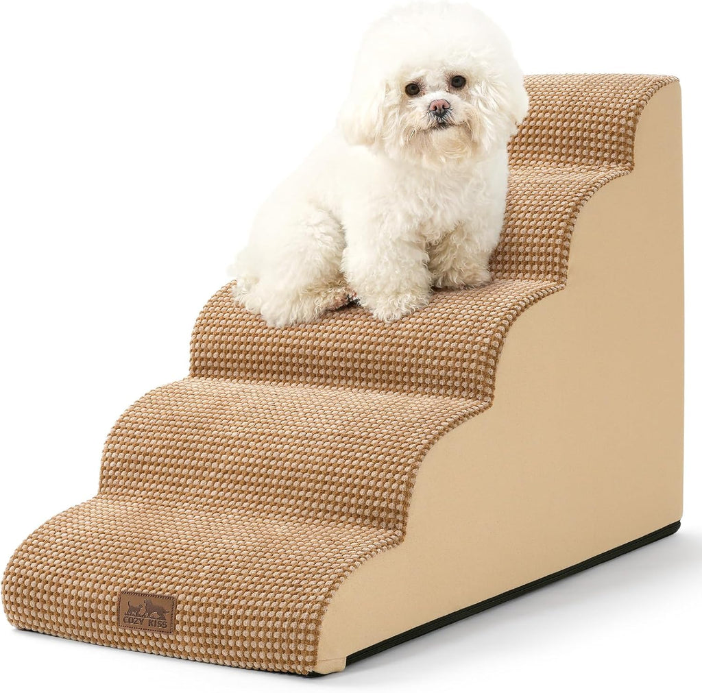Dog Stairs for High Bed 22.6" H, Small Dog Step for Puppy, Older or Cat, Curved Ramp for Car, Ladder with High Density Foam, Lightweight, Durable, 15.7x33x22.6 inch, 5 Step, Light Brown
