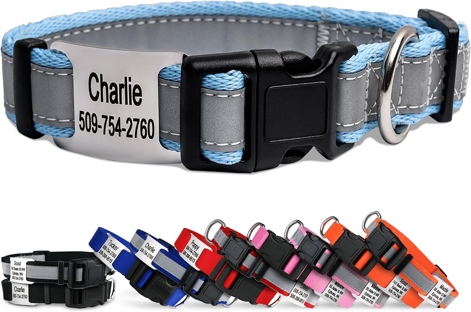 GoTags Reflective Personalized Dog Collar with Nameplate, Adjustable Dog Collar with Custom Engraved Steel Slide On Pet ID Tag, Silent, No Noise Dog Tag for Large Medium or Small (Light Blue, Medium)