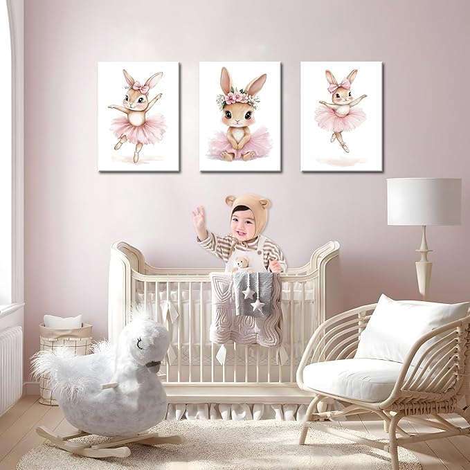 Baby Girl Nursery Wall Decor, Easter Nursery Canvas Wall Art Paintings Set of 3, Cute Animal Pink Bunny Posters Prints Pictures for Boys and Girls Room, Bedroom, Home Decor 16x24 In Framed