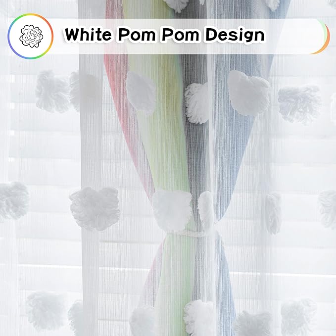 MYSKY HOME Nursery Curtains for Girl Bedroom Rainbow Curtains 72 Inches Long Pom Pom White Sheer Curtains for Kids Room Double Layer Toddler Bedroom Grommet Room Darkening Window Panels 52 x 72 in
