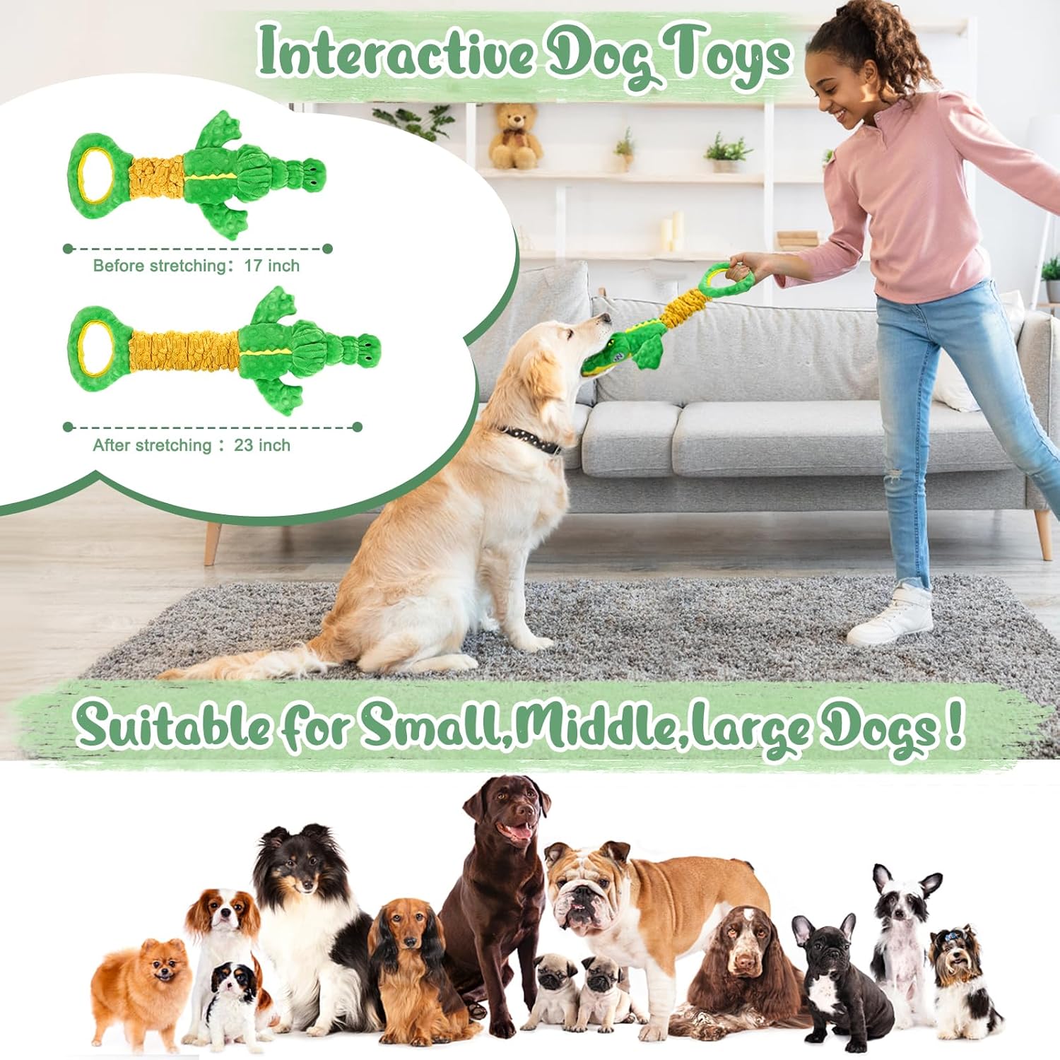 Large Dog Toys, Plush Squeaky Dog Toy with Crinkle Paper and Tug of War Handle, Interactive Puppy Toys for Small, Medium and Large Dogs
