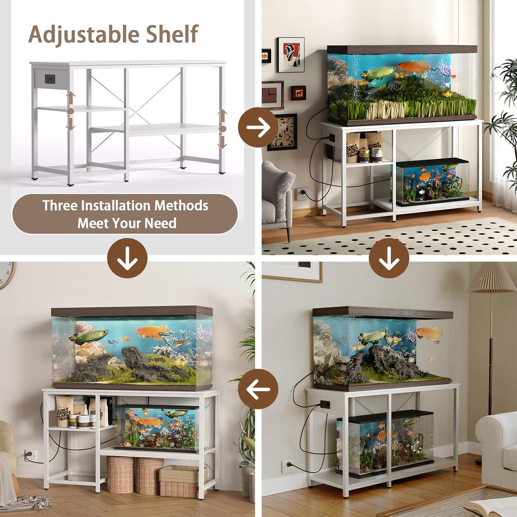 50-75 Gallon Fish Tank Stand with Power Outlet & LED Light, Metal Aquarium Stand with 3 Tier Adjustable Storage Shelves, Tank Stand for Reptile Tank, Turtle Tank, 52" L*19.5" W, White