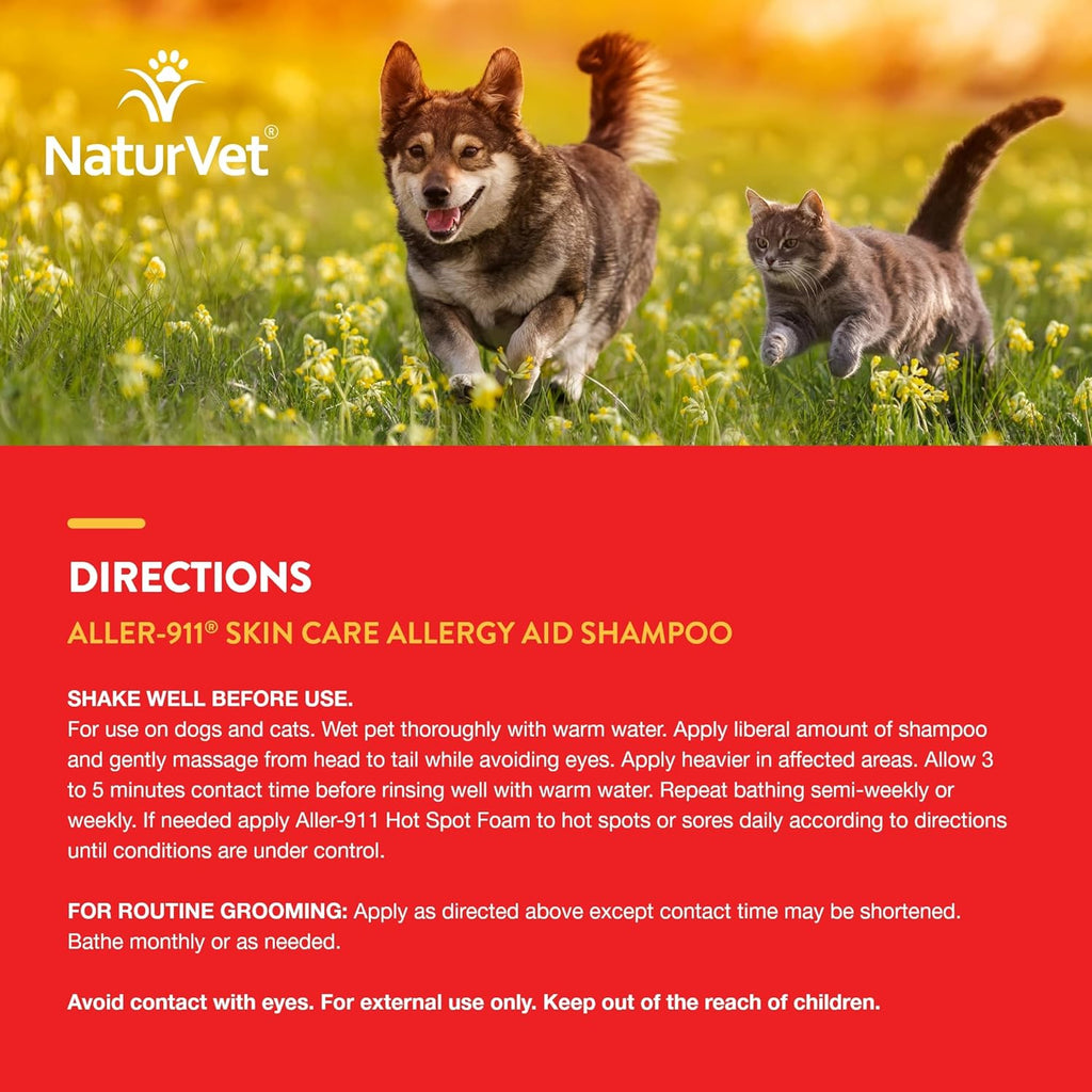 NaturVet Aller-911 Skin Care Allergy Aid Pet Shampoo with Aloe Vera – Pet Health Supplement Shampoo & Grooming Aid for Dermatitis, Dog Skin Allergies, Itching, Hot Spots, Cat Rashes – 16 Oz.