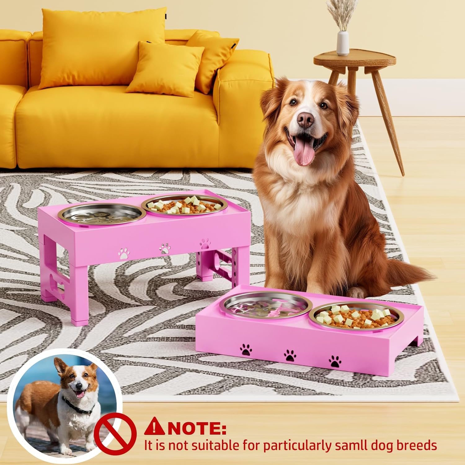 Elevated Dog Bowls with Mat, Raised Dog Food Bowl Stand with 2 Stainless Steel Bowls, 5 Height Adjustable (3.1", 9", 10", 11", 12") Non-Slip Feeder Set for Medium and Large Dogs – Pink