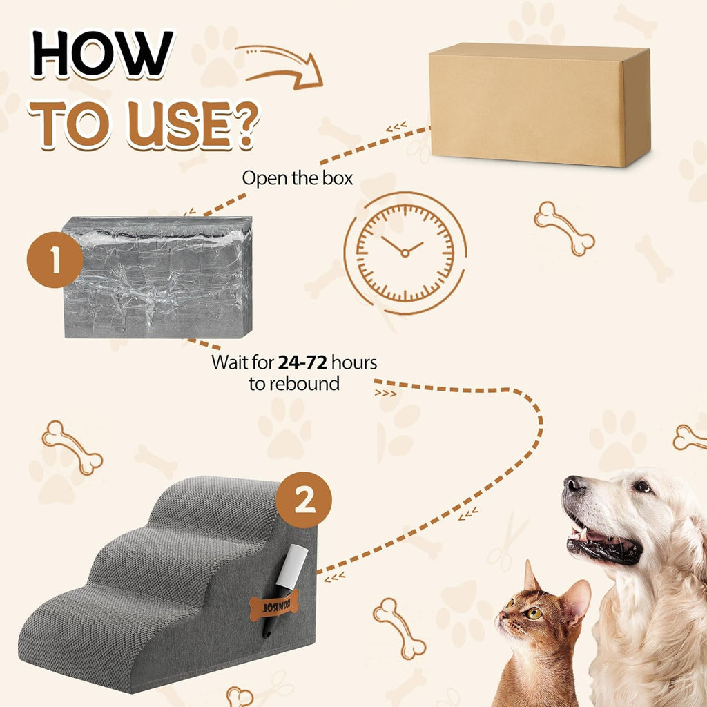 Romrol Dog Stairs Ramp for Beds Couches, 15.7” H 33D Extra Wide Pet Steps with Durable Non-Slip Waterproof Fabric Cover, Dog Slope Stairs for Small Dogs and Cats or Pets Friendly, 3-Tiers, Grey