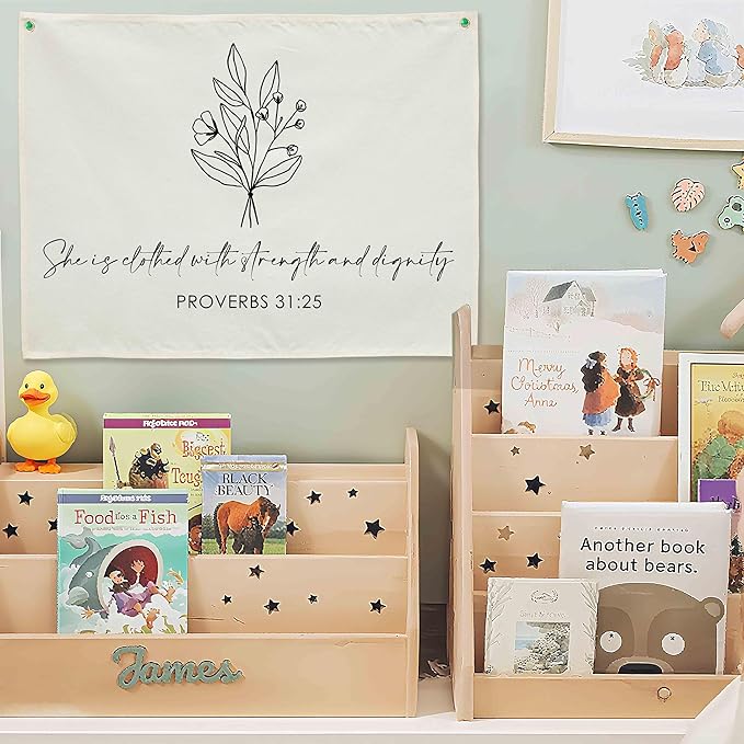 Christian Bible Verses Nursery Wall Decor-Canvas Rectangular Flags Wall Decoration for Baby Kids Girl Boy,Babyroom Bedroom Playroom Decor,Baby Shower Christmas Gift-She is Clothed with Strength