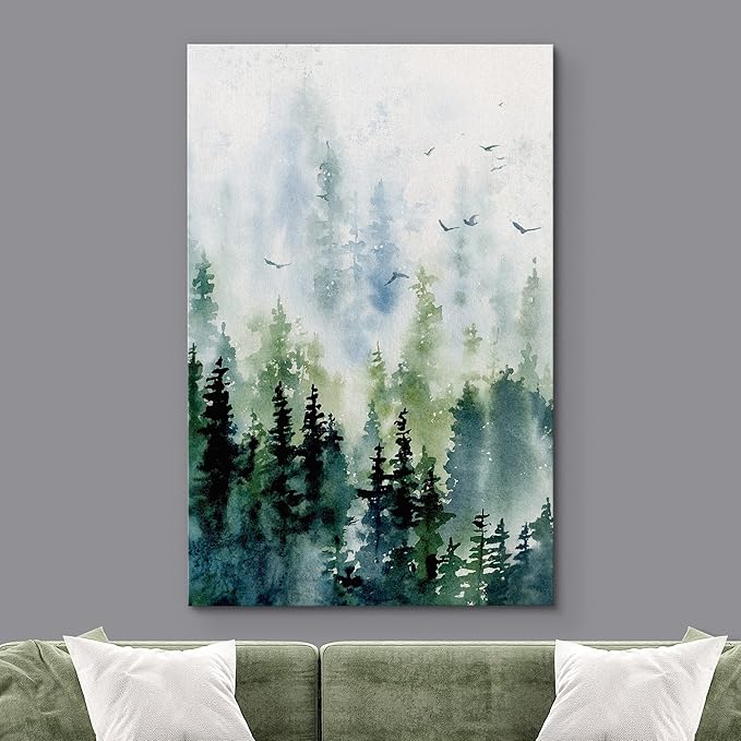 SIGNWIN Canvas Print Wall Art Woodland Nursery Decor Watercolor Pastel Pine Tree Bird Sky Nature Illustrations Modern Art Decorative Landscape Colorful for Living Room, Bedroom, Office - 16"x24"