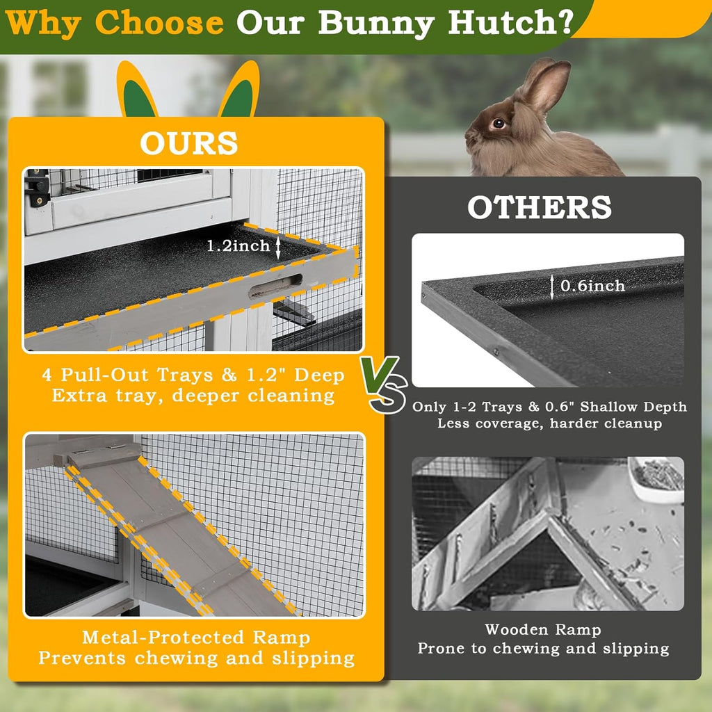 Double Rabbit Hutch Outdoor Indoor Large Bunny Cage with Dual Side Runs, 2-Story Wooden Hutch with 4 Leak Proof Trays, 8 Wheels, Waterproof Roof, Ramp, for Small to Medium Animals