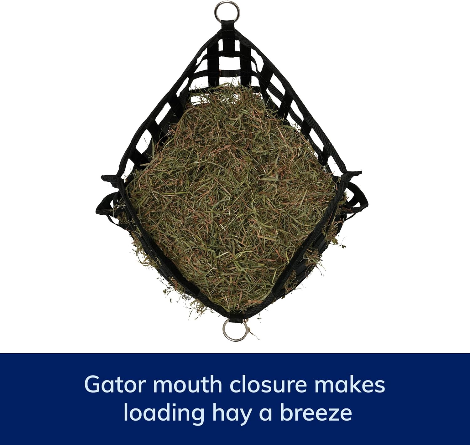 SmartEquine Slow Feed Hay Bag for Horses | Hay Feeder Net with Resistant Nylon | Gator Mouth Enclosure for Easy Loading | Fits 10-15 lbs of Hay | 4 Flakes Bag | 37" x 30" | Black | 1.5" Holes