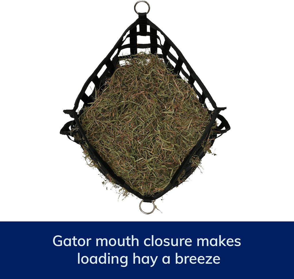 SmartEquine Slow Feed Hay Bag for Horses | Hay Feeder Net with Resistant Nylon | Gator Mouth Enclosure for Easy Loading | Fits 10-15 lbs of Hay | 4 Flakes Bag | 37" x 30" | Black | 2" Holes