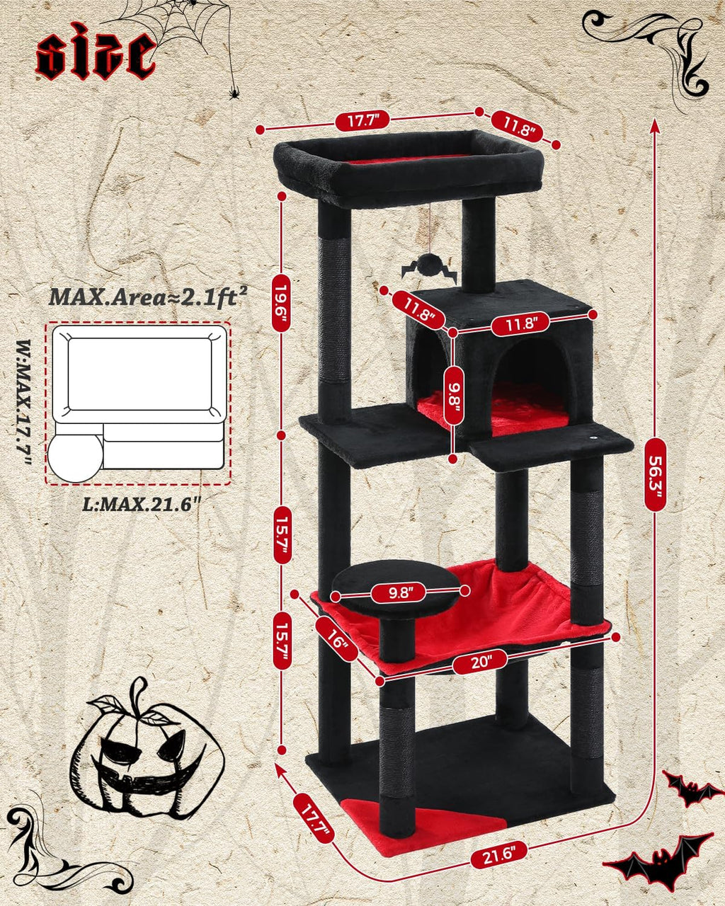 Gothic Cat Tree with Super Large Hammock, 56.3" Black Cat Tower with Coffin Bed, Cat Condo, Sisal Scratching Posts & Top Perch, Multi-Level Goth Cat Tree, Halloween, Black