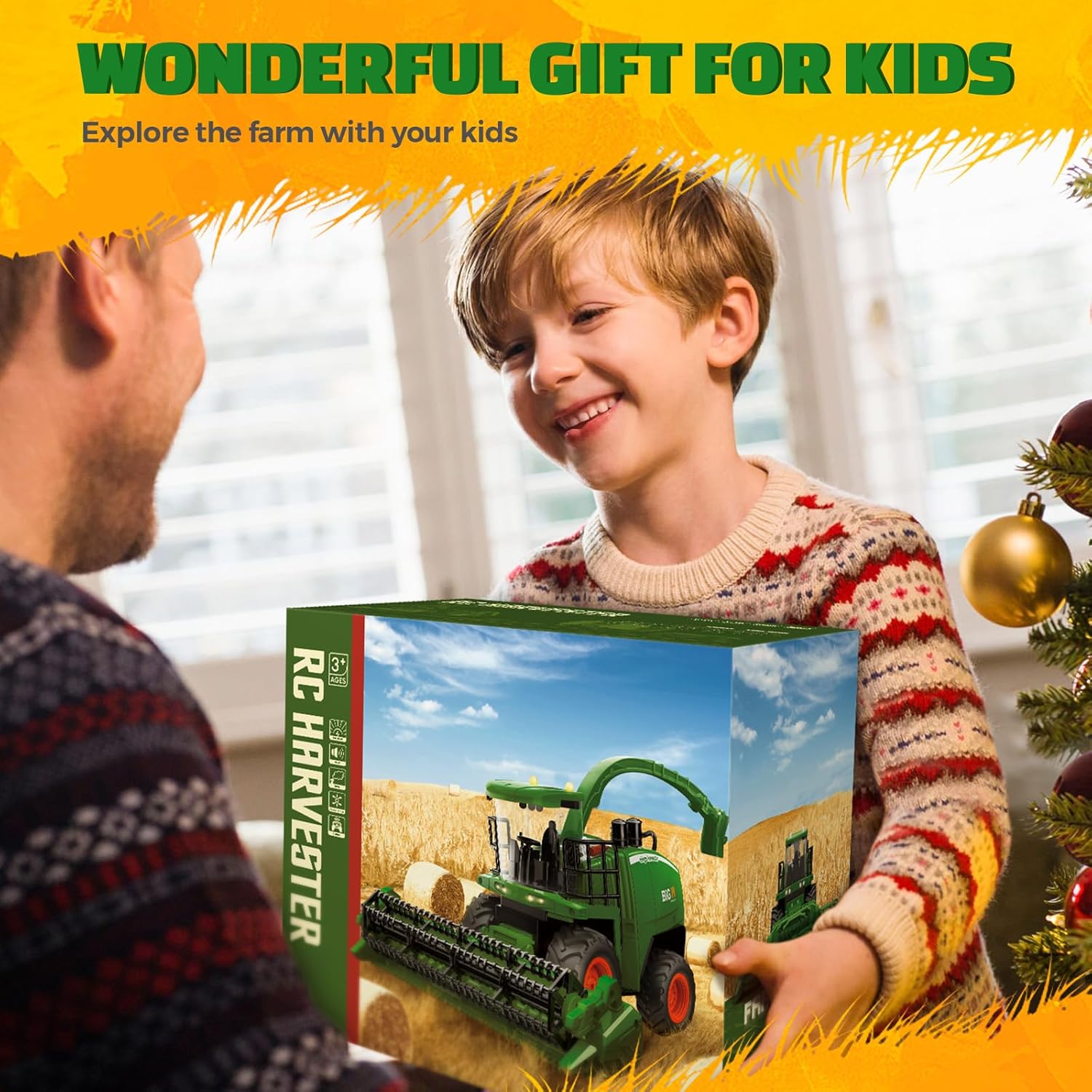 Remote Control Combine Harvester Tractor Toy, 1/24 Scale RC Harvester Toys for Kids with 2 Grian Heads/2 Rechargeable Batteries/Light, Farm Toys for 4 5 6 7 8 9 Year Old Boys Birthday Gift