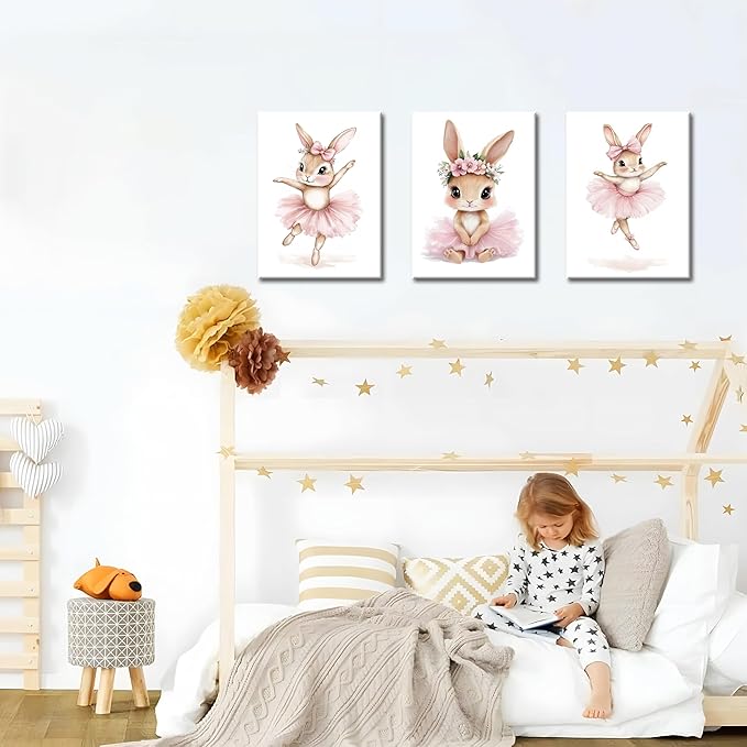 Baby Girl Nursery Wall Decor, Easter Nursery Canvas Wall Art Paintings Set of 3, Cute Animal Pink Bunny Posters Prints Pictures for Boys and Girls Room, Bedroom, Home Decor 16x24 In Framed