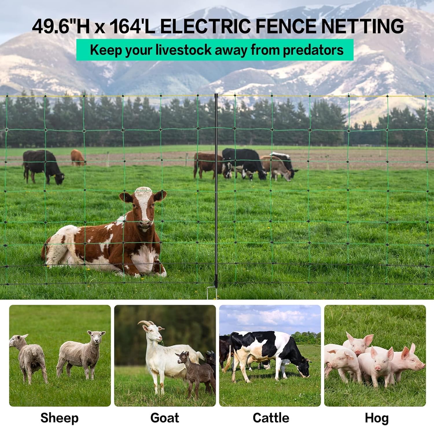 Electric Fence Netting, 49.6" H x 164' L, PE Net Fencing Kit with 14 Posts Double Spiked, Utility Portable Mesh for Sheep Hogs Goats Deer Dogs Lambs Used in Backyards Farms Ranches Patio, Green