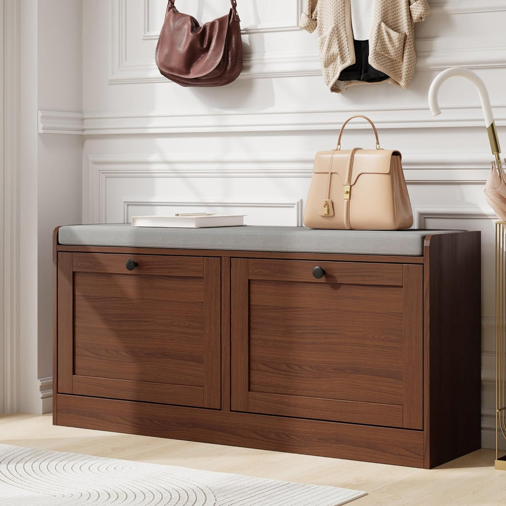 MHOM Brown Modern Entryway Bench with 2 Flip Drawers, Entryway Shoe Bench with Padded Seat Cushion, Wooden Storage Bench for Bedroom and Apartment