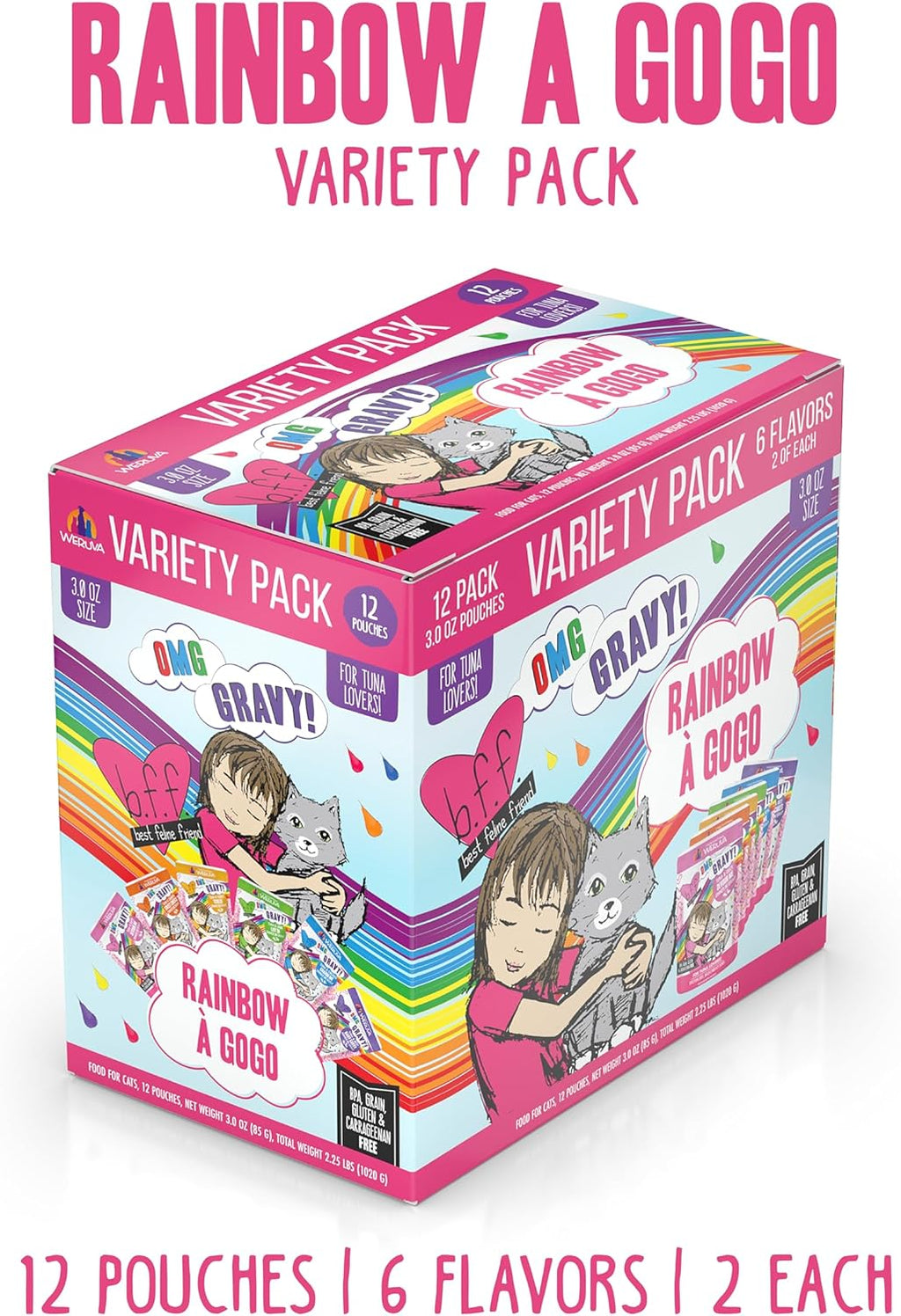 Weruva B.F.F. OMG - Best Feline Friend Oh My Gravy!, Rainbow A Gogo Variety Pack! Cat Food, 3oz Pouch (Pack of 12)
