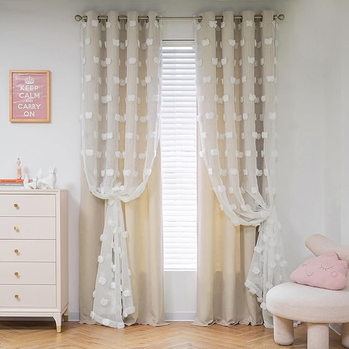 MYSKY HOME Beige Curtains for Living Room 95 Inches Long Nursery Curtains for Bedroom Double Layer Curtains White Pom Pom Sheer Curtains for Dining Room Grommet Room Darkening Window Panels W52 X L95