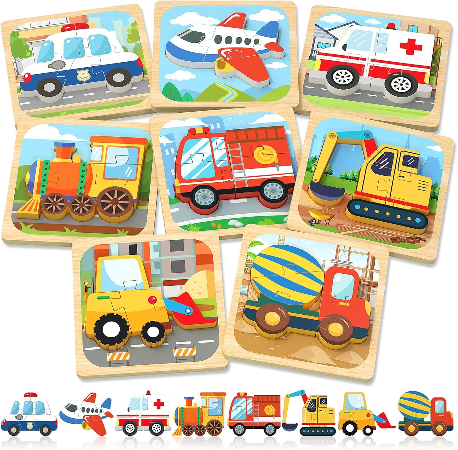 Benresive Wooden Toddler Puzzles, Montessori Toys for 1 2 3 Year Old Boys, Toys for 1 2 3 Year Old Boy Birthday Gifts, 8 Pack Vehicle Toddler Learning Educational Puzzles