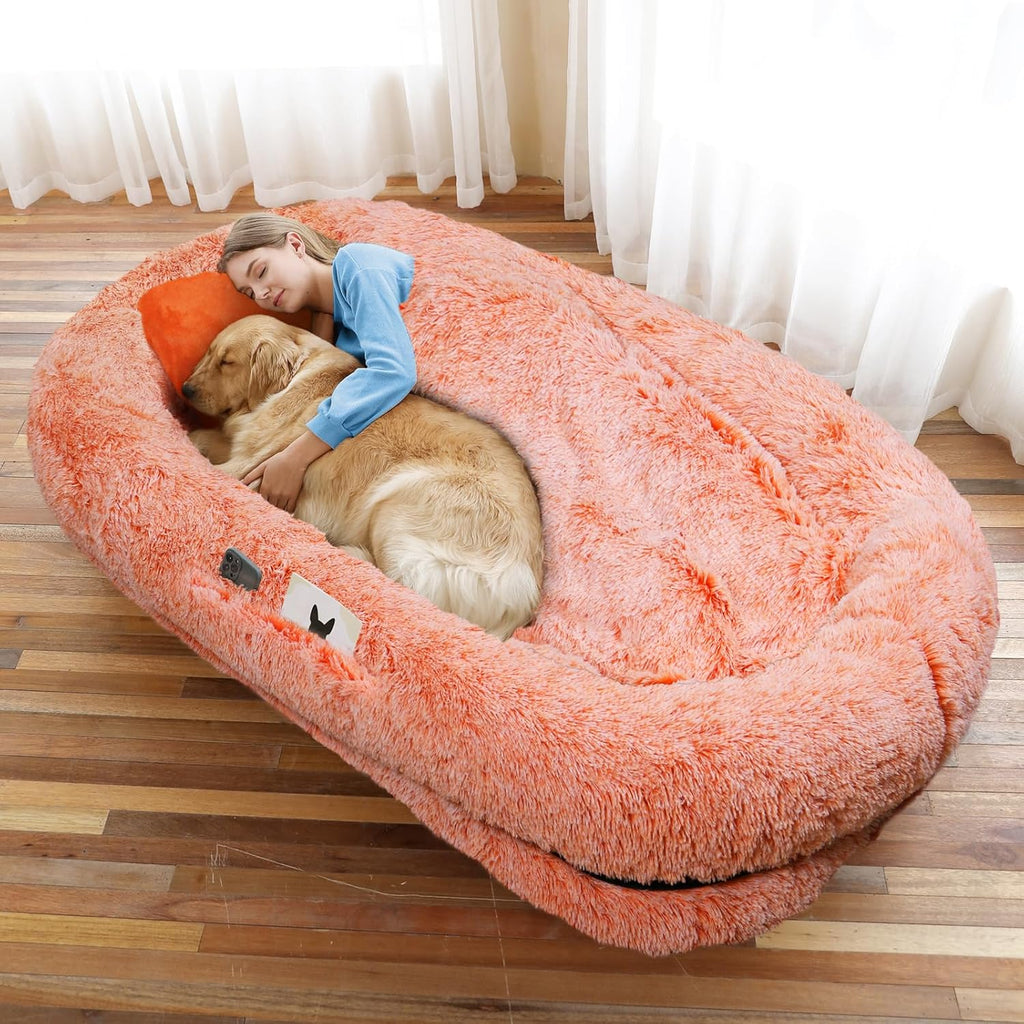 Human Dog Bed, 71''x45''x12'' Size Fits You and Pets, Washable Faux Fur Pet Bed for People Doze Off, Napping Orthopedic Dog Bed, Present Plump Pillow, Blanket, Strap - OrangeWhite