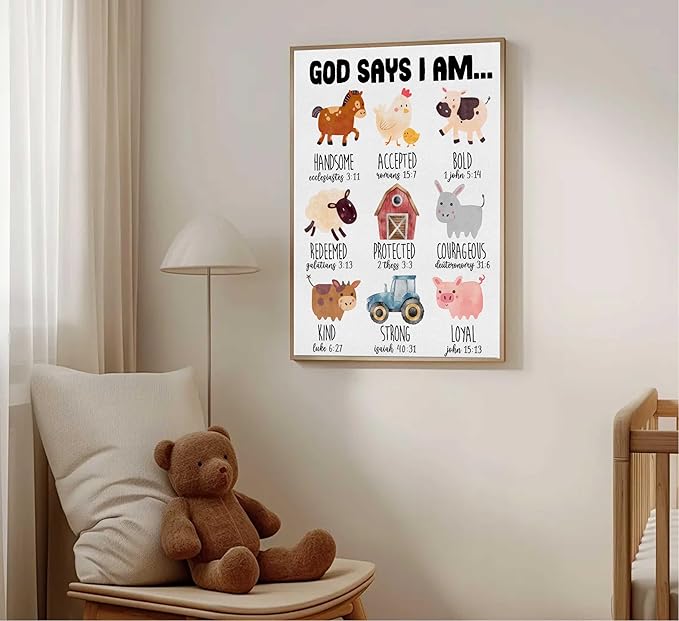 Framed Christian Nursery Canvas Wall Art God Says I Am Inspirational Bible Verses Farm Animals Painting Pictures Wall Decor Posters Prints Artwork For Kids Girls Bedroom Playroom Baby Room