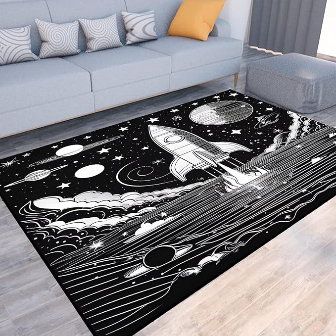 5' x 7' Space Rocket Rug for Kids Bedroom Black Stars Rugs Galaxy Carpet Planet Printed Throw Rugs for Boys Children Living Room,150x210cm