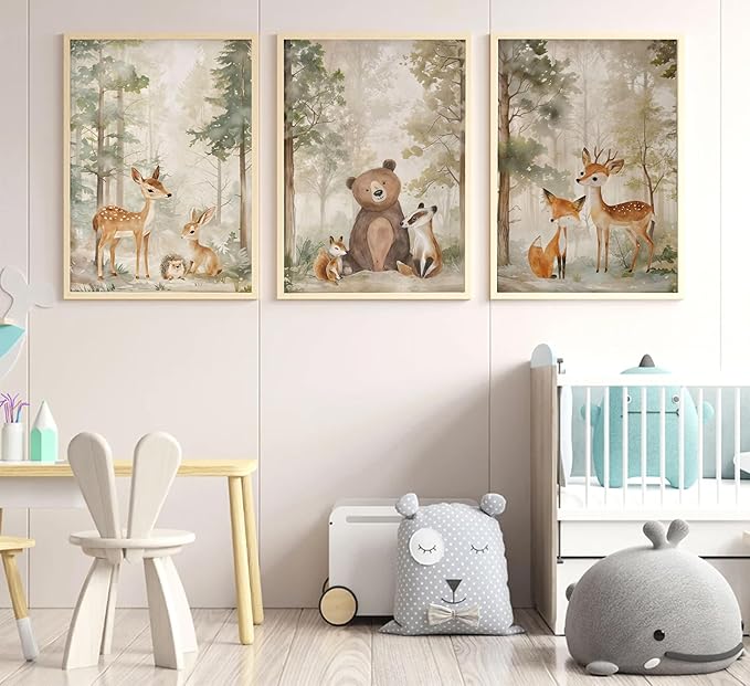 3Pcs Woodland Animal Nursery Canvas wall art Wild Animals Forest Paintings Pictures Wall Decor Fox Bear Deer Watercolor Poster Printing Artwork for Boys Room Girls Room Home Decoration Unframed