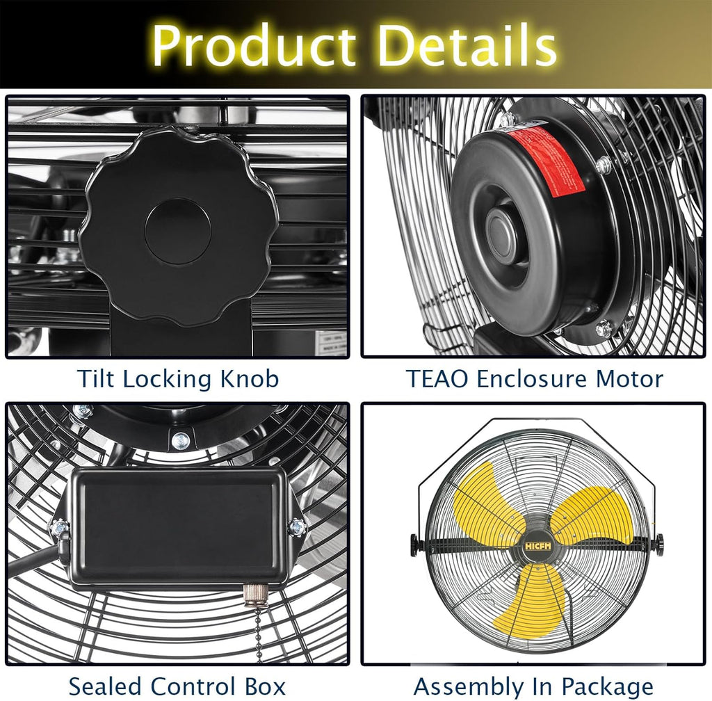 HiCFM 18" Wall Mount Fan, 4600 CFM 3 Speeds High Velocity with TEAO Enclosure Motor, 9 FT Cord, 180 Degree Tilting Heavy Duty Metal Fans for Barn, Garage, Workshop, Warehouse - UL Listed