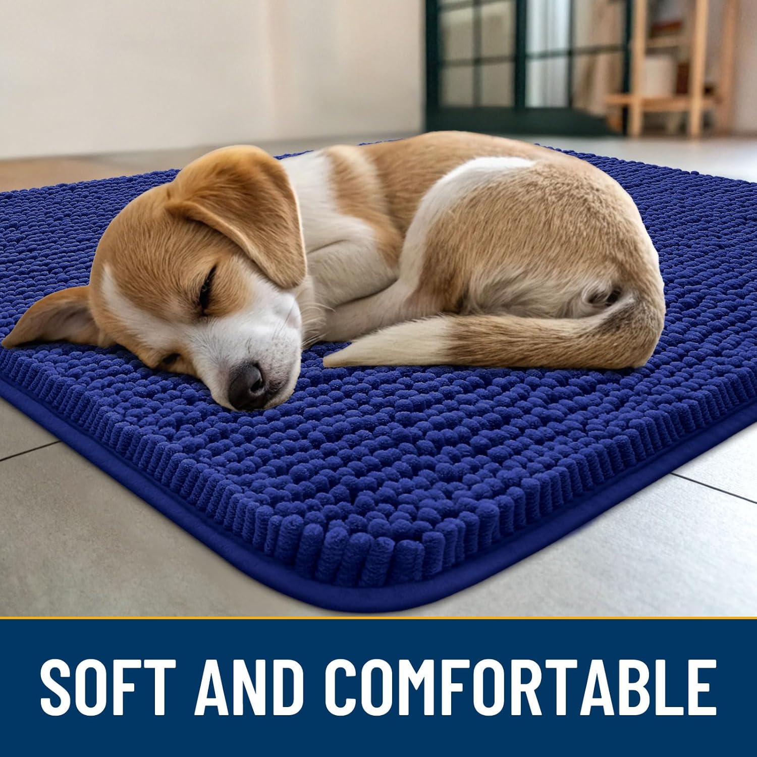 Smiry Dog Door Mat for Muddy Paws 47x24, Absorbs Moisture and Dirt Doormat, Non-Slip Washable Quick Dry Chenille Front Door Mat Indoor Entrance, Entryway Carpet for Inside Floor, Navy Blue