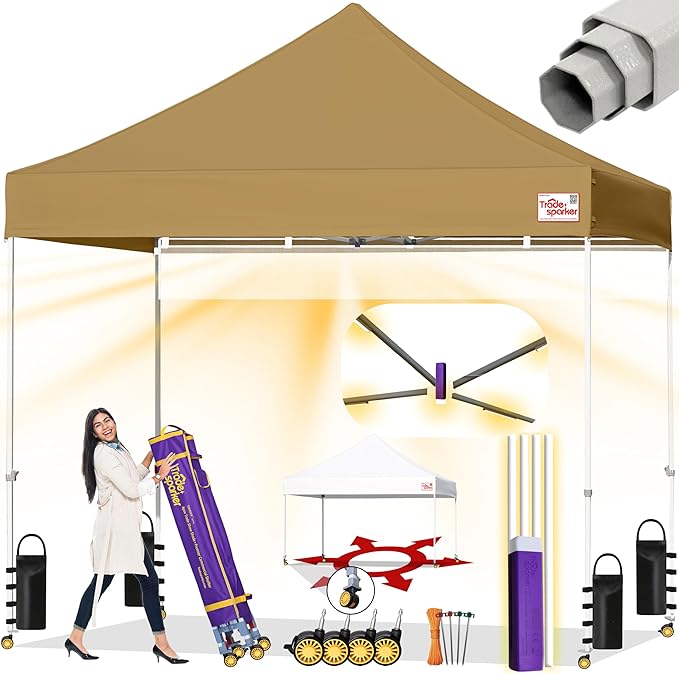 Tradesparker 10x10 Pop Up Canopy Tent,Commercial Movable Canopy with ApexCore LED & Rugged Casters-Instant Easy Setup Shelter Canopies with Weight Bags & Stakes for Oudoor Events Markets Vendors,Khaki