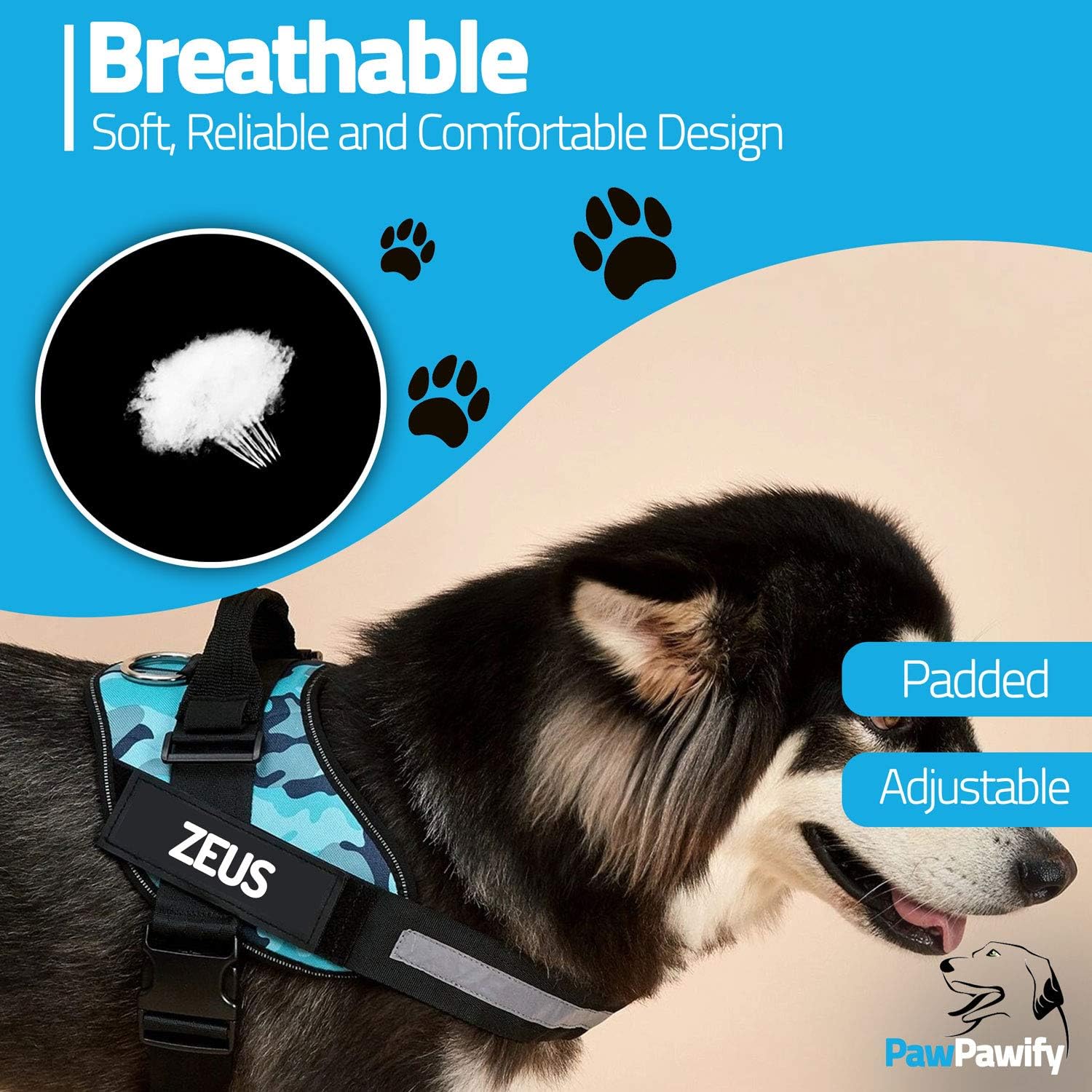 PawPawify Custom No Pull Dog Harness with Name and Phone Number, Heavy Duty Personalized Pet Vest to Prevent Tugging, Pulling, or Choking, Training and Walking (Camouflage Navy, L (40-60 LBS))