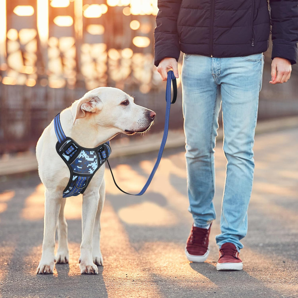 BUMBIN Dog Harness for Large Dogs, No Pull Adjustable No Choke Pet Vest with Dog Leash Fit Smart Reflective Pet Walking Harness for Training Easy Control Soft Handle Blue Camo L