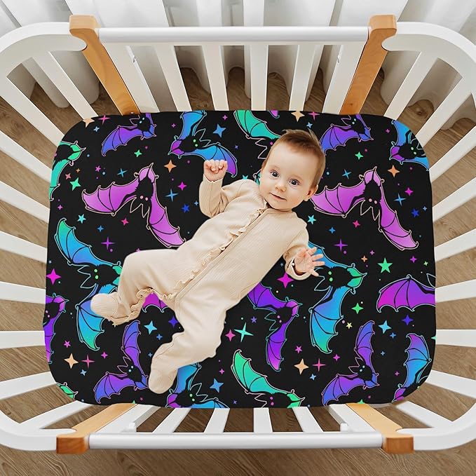Halloween Bats Stars Crib Sheets Soft Breathable Fitted Baby Crib Sheets Mattress Cover for Girl Boys, 52" x 28" x 9"