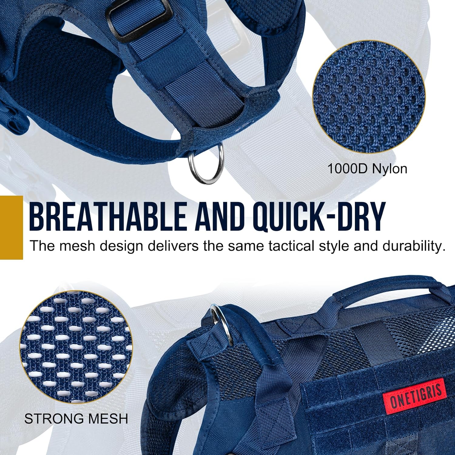 OneTigris Tactical Dog Harness for Small Medium Large Dogs, Mesh Design Service Dog Vest Breathable Military Dogs Molle Vests with Handles, Harness for Walking Hiking Training (Blue, XL)