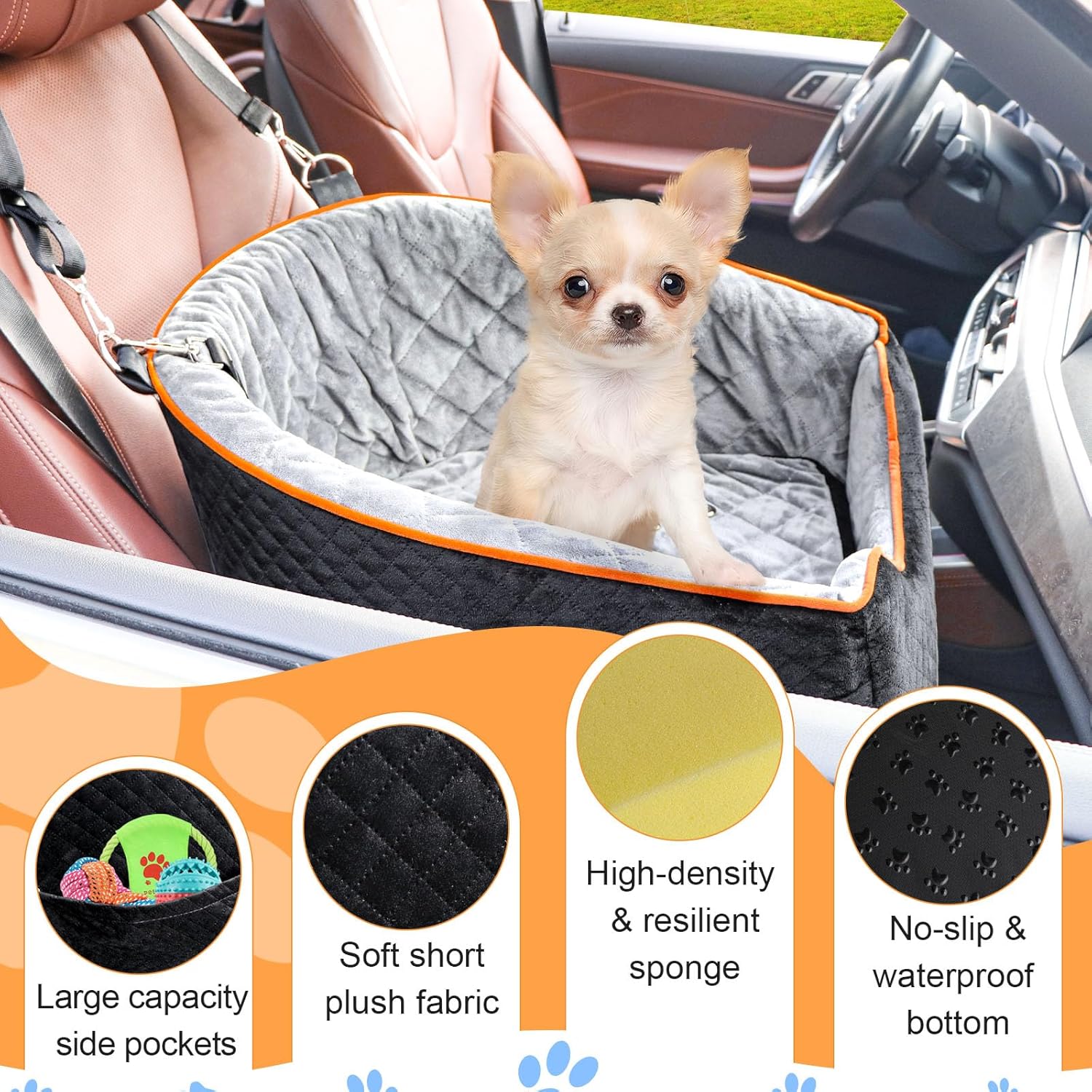 Dog Car Seat for Small Dogs, Memory Foam Booster Dog Seat for Dogs up to 35 lbs, Elevated Pet Car Seat with Washable Removable Cover, Storage Pockets(Black/Gray)