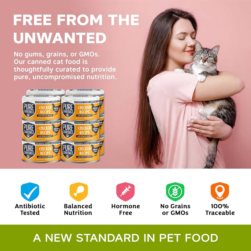 Chicken Recipe in Broth, Shredded Wet Cat Food, Grain-Free Protein, Non-GMO, 12 Pack