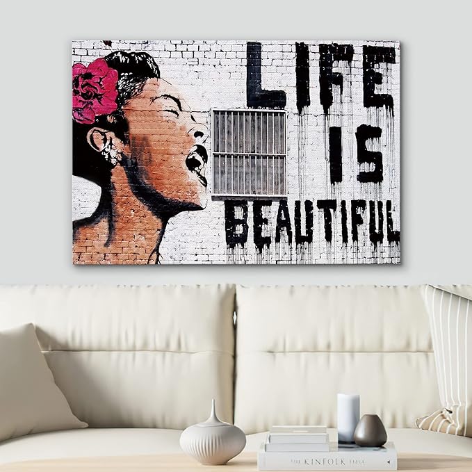 SIGNWIN Framed Canvas Wall Art Banksy Life is Beautiful Billie Holiday Graffiti & Street Art Famous People Pop Art Modern Urban Multicolor for Living Room, Bedroom, Office - 12x18 inches