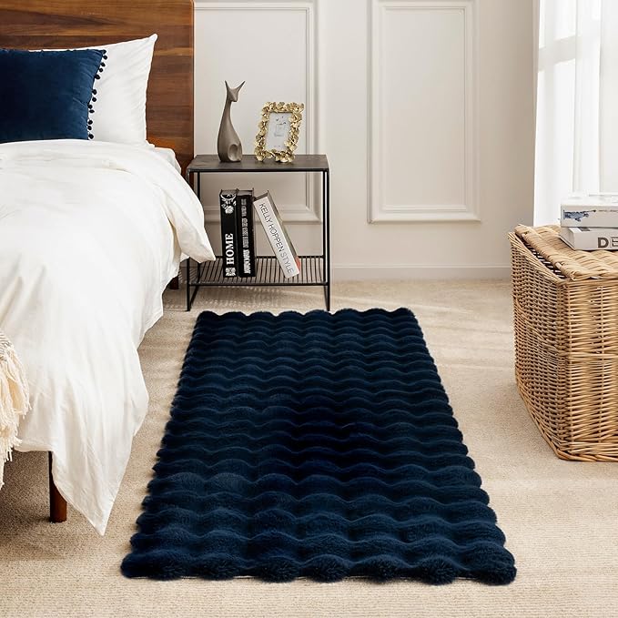 Ashler Faux Rabbit Fur Rectangular Carpet - Dark Blue 5x7 FT Fluffy Soft Area Rug, Machine Washable, 3D Bubble Pile