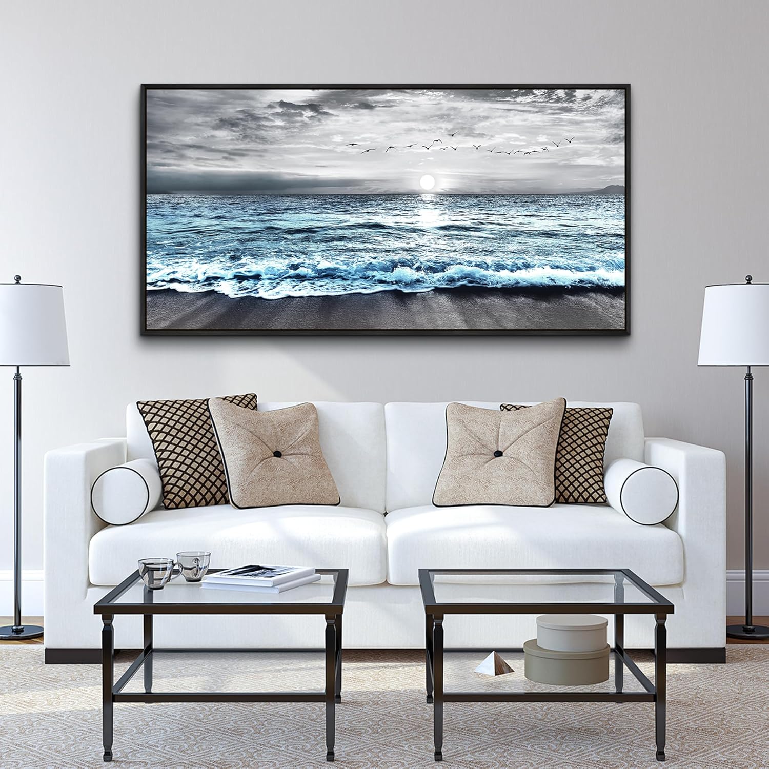Wapluam Large Wall Art For Living Room Wall Decor For Bedroom Office Wall Decorations Black And White Wall Painting Blue Sea Wave Pictures Artwork For Modern Black Framed Beach Canvas Prints Poster