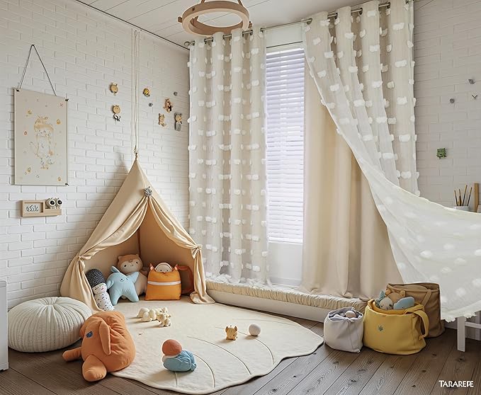 MYSKY HOME Kids Curtains for Girls Bedroom Double Layer Curtain for Daughter Room 72 Inches Long Pom Pom Sheer Drapes Beige Curtains for Living Room Grommet Room Darkening Panels W52 X L72