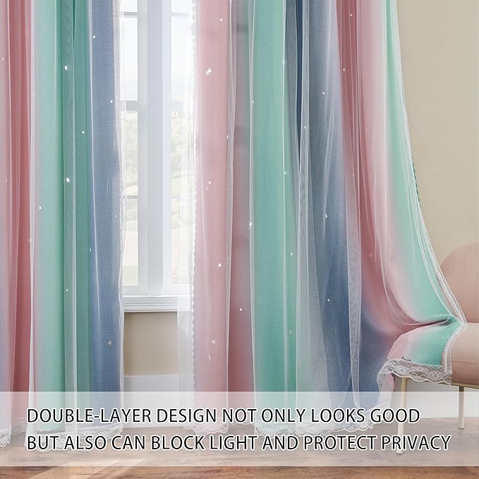 XiDi Pink Grey Green Girls Curtains for Bedroom Rainbow Blackout Short Curtains for Kitchen Cafe Window Room Darkening Kids Childs Nurser Room Wall Decor 84 inches Long 52 inches Wide 2 Panels Set