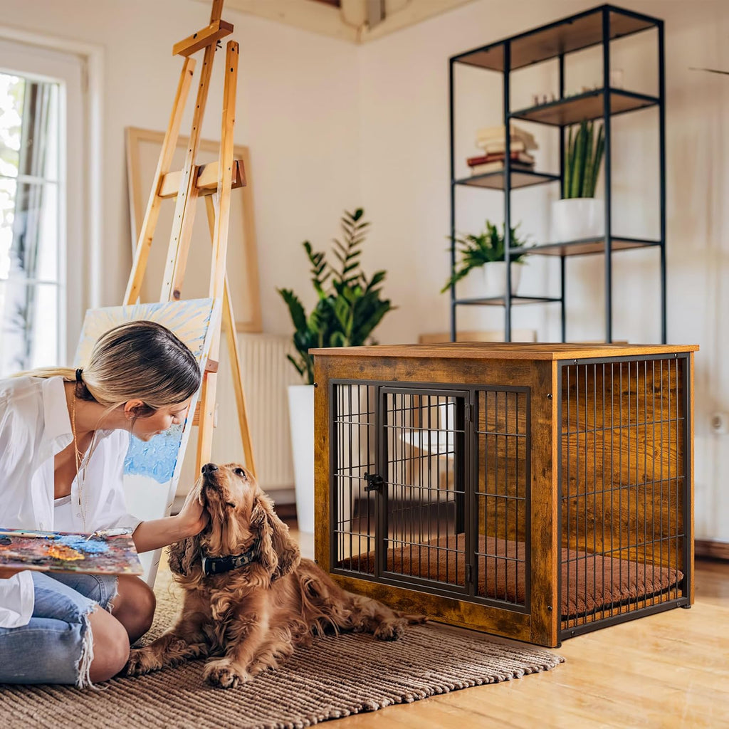 Bigrab Dog Crate Furniture with Thick Cushion, Side End Table Wooden Dog Cage with Double Doors, Chew-Resistant Dog Kennel Dog House Indoor for Small to Large Dog, M