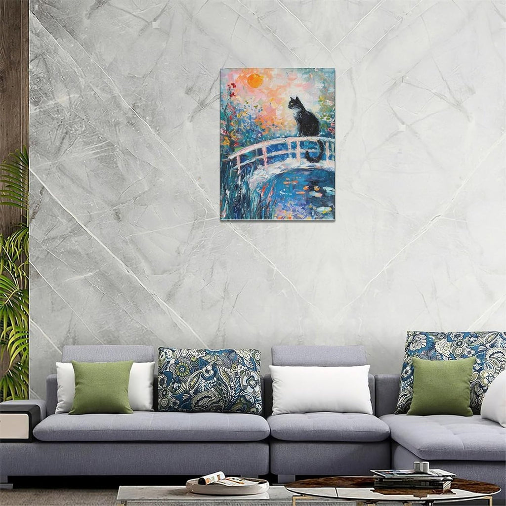 Quorin Black Cat Wall Art Water Lily Sunset Pictures Cat Wall Decor Impressionism Canvas Print Painting Artwork for Bathroom Living Room Bedroom 12"x16"