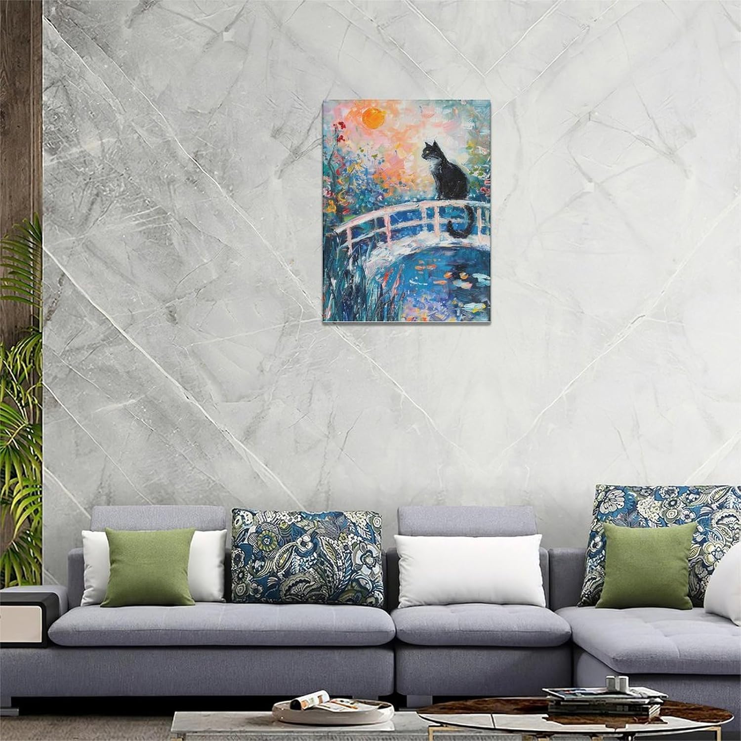 Quorin Black Cat Wall Art Water Lily Sunset Pictures Cat Wall Decor Impressionism Canvas Print Painting Artwork for Bathroom Living Room Bedroom 12"x16"